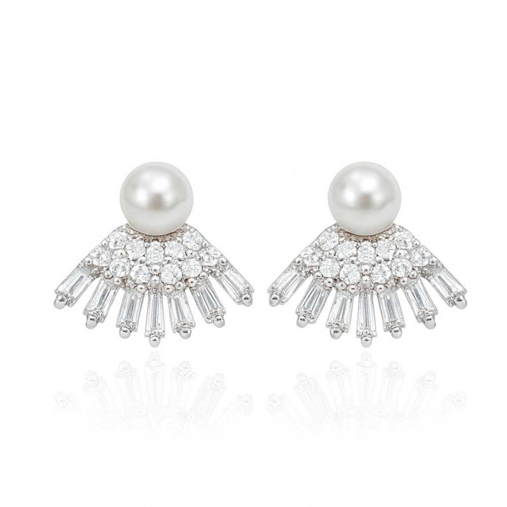 Chic Silver and White Pearl Fan Earrings